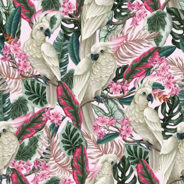 Papağan, tropikal yapraklar ve çiçeklerle kusursuz bir desen. Vektör