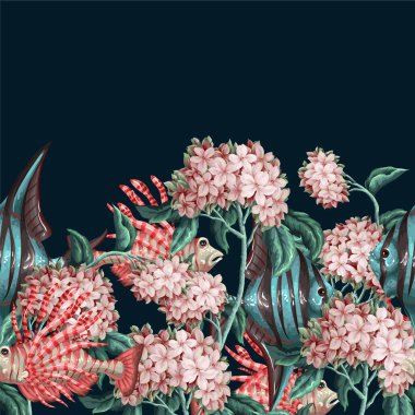 Deniz balıkları ve çiçeklerle çevrili bir sınır. Vektör