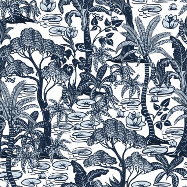 Grafik ağaçları ve bitkilerle kusursuz desen. Vektör