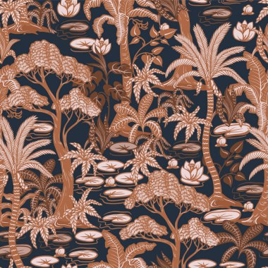 Grafik ağaçları ve bitkilerle kusursuz desen. Vektör