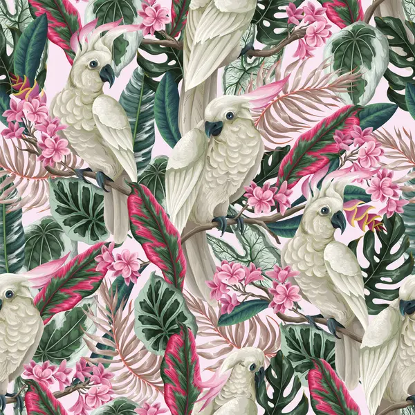 Seamless pattern with cockatoo, tropical leaves and flowers. Vector