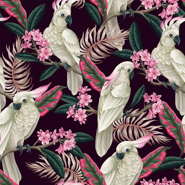 Seamless pattern with cockatoo, tropical leaves and flowers. Vector