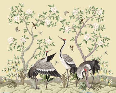 Şakayık ağaçlı ve dans eden crenyeli Chinoiserie duvar kağıdı. Vektör
