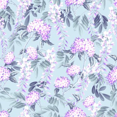 Akasya çiçekleri ve yapraklarıyla kusursuz desen. Vektör