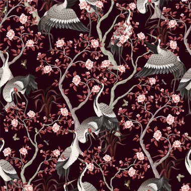 Chinoiserie seamless pattern with peonies trees and dancing crenies. Vector clipart