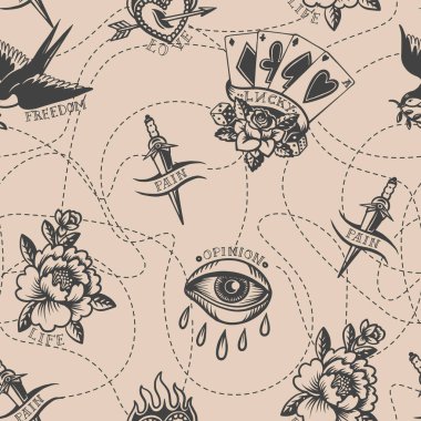 Çıplak arka planda dövmesi olan kusursuz bir desen. Vektör