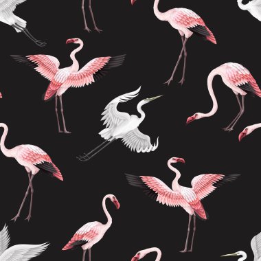 Pembe flamingolu ve beyaz balıkçıl balıklı kusursuz desen. Vektör