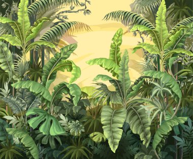 Muz ve palmiye ağaçlarıyla iç orman duvar resmi. Vektör