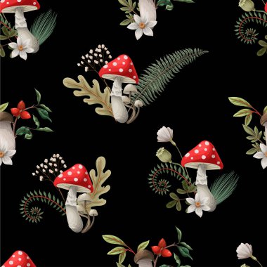 Mantar, eğrelti otu ve böğürtlenli kusursuz sonbahar deseni. Vektör