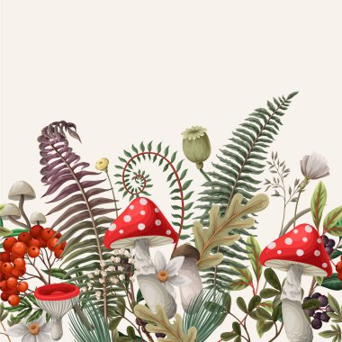 Mantar, eğreltiotu ve böğürtlen sınırı. Vektör