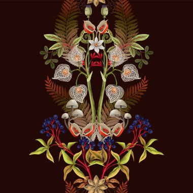 Sonbahar yaprakları, böğürtlenler ve tohumlarla kusursuz desen. Vektör