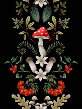 Mantar, eğrelti otu ve böğürtlenli kusursuz sonbahar deseni. Vektör