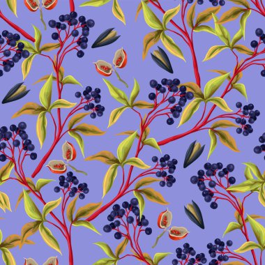 Sonbahar yaprakları, böğürtlenler ve tohumlarla kusursuz desen. Vektör