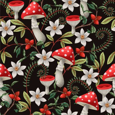 Mantar, eğrelti otu ve böğürtlenli kusursuz sonbahar deseni. Vektör