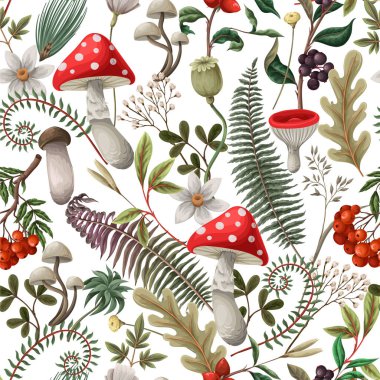 Mantar, eğrelti otu ve böğürtlenli kusursuz sonbahar deseni. Vektör