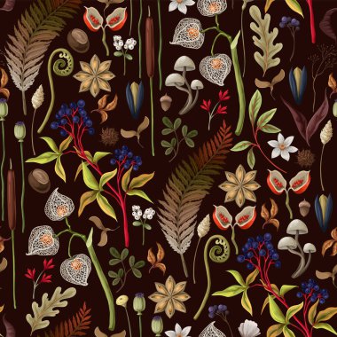 Sonbahar yaprakları, böğürtlenler ve tohumlarla kusursuz desen. Vektör