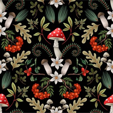 Mantar, eğrelti otu ve böğürtlenli kusursuz sonbahar deseni. Vektör