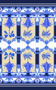 Tropikal ve barok elementlerle deniz mahsulü deseni. Vektör