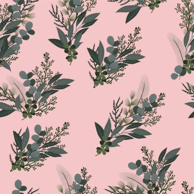 Noel elementleri olan botanik desenli köknar, kutsal meyve, ladin gibi. Vektör.