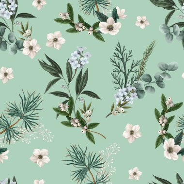 Noel çiçekleri ve elementleriyle botanik kusursuz desen. Vektör