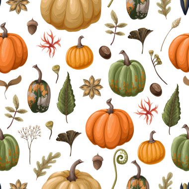 Balkabakları ve sonbahar elementleriyle kusursuz desen. Vektör