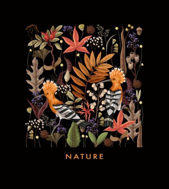 Hupoe kuşlu kart, sonbahar yaprakları ve dalları. Vektör