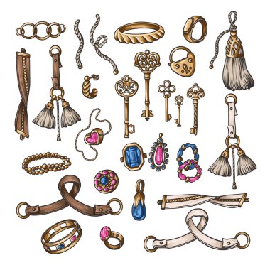 Altın antika anahtarlar ve mücevherler izole edilmiş. Vektör