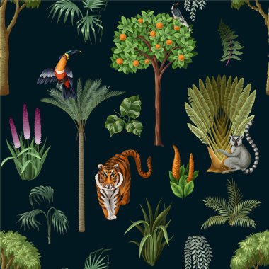 Orman ağaçları ve hayvanlarla kusursuz çocuklar. Vektör