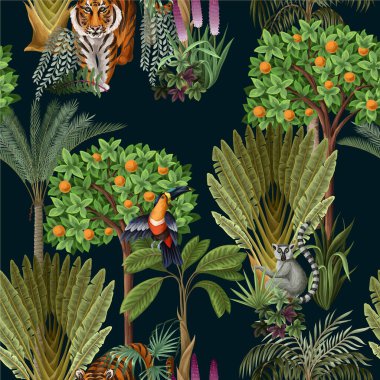 Orman ağaçları ve hayvanlarla kusursuz çocuklar. Vektör