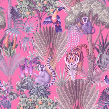 Orman ağaçları ve hayvanlarla kusursuz çocuklar. Vektör