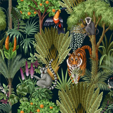 Orman ağaçları ve hayvanlarla kusursuz çocuklar. Vektör