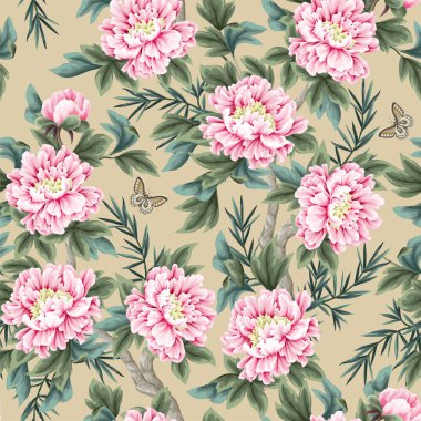 Çin şakayıkları ve kelebeklerle kusursuz desen. Vektör