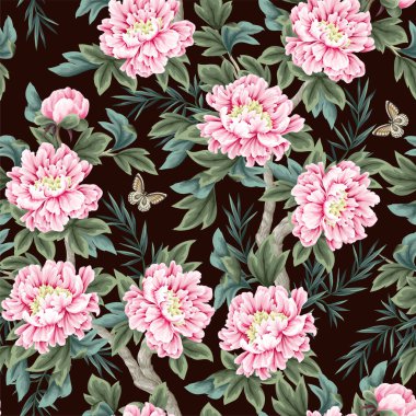 Çin şakayıkları ve kelebeklerle kusursuz desen. Vektör