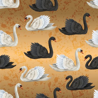 Altın arka planda siyah ve beyaz kuğular olan kusursuz bir desen. Vektör