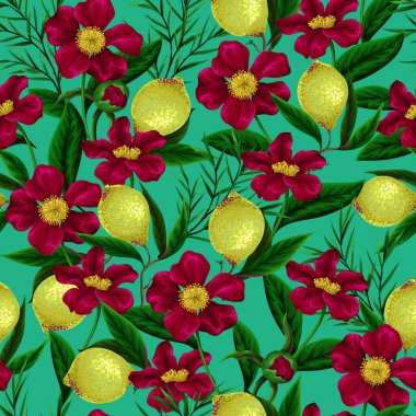 Limon ve çiçeklerle kusursuz desen. Vektör