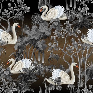 Koyu sarı arka planda beyaz kuğular ve bitkilerle kusursuz desen. Vektör