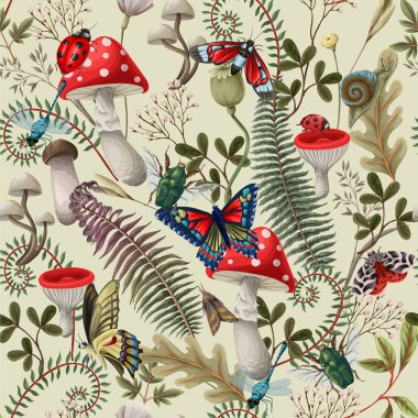 Farklı böcekler ve mantarlarla kusursuz desen. Vektör.