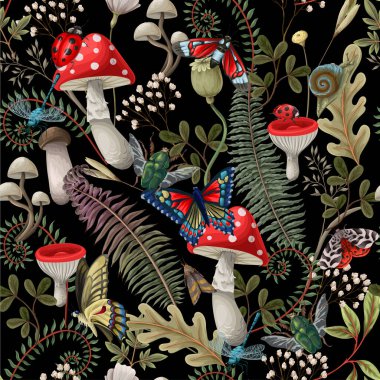 Seamless pattern with different insects and mushrooms. Vector. clipart