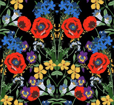 Kusursuz çiçek desenli, kır çiçekli ve gelincikli. Vektör