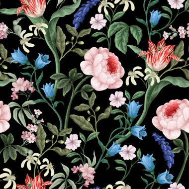 Viktorya dönemi çiçekleriyle kusursuz desen. Vektör