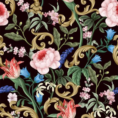 Viktorya döneminden kalma çiçeklerle ve barok elementlerle kusursuz bir desen. Vektör.