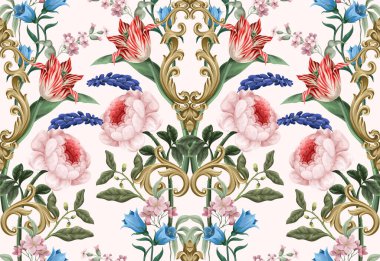 Viktorya döneminden kalma çiçeklerle ve barok elementlerle kusursuz bir desen. Vektör.