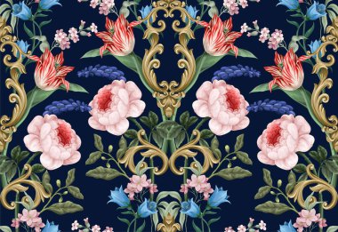 Viktorya döneminden kalma çiçeklerle ve barok elementlerle kusursuz bir desen. Vektör