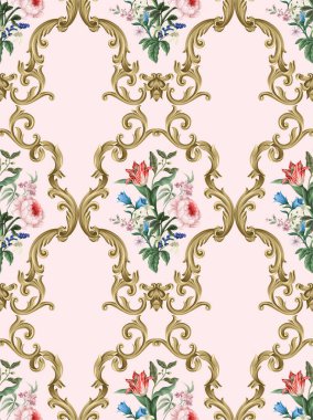 Viktorya döneminden kalma çiçeklerle ve barok elementlerle kusursuz bir desen. Vektör.