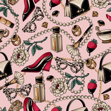 İnci, ayakkabı, ruj gibi parlak elementlerle kusursuz desen. Vektör