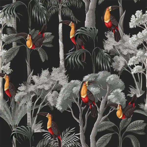 Seamless pattern with toucans and trees. Vector