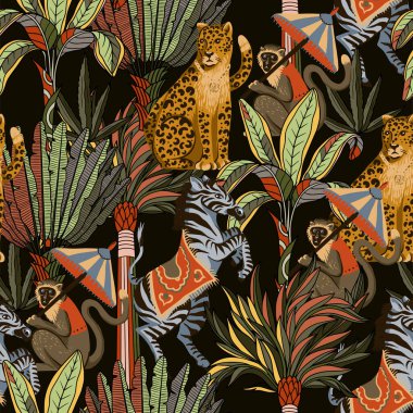 Zebra, leopar, maymun ve orman ağaçlarıyla kusursuz desen. Vektör