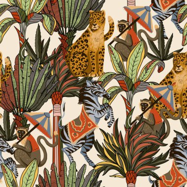 Zebra, leopar, maymun ve orman ağaçlarıyla kusursuz desen. Vektör