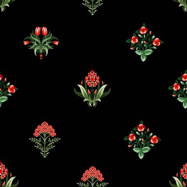 Simetrik çiçekli, pürüzsüz bir desen. Vektör