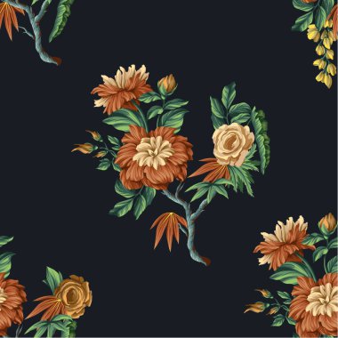 Chintz çiçekleri ve yapraklarıyla kusursuz desen. Vektör